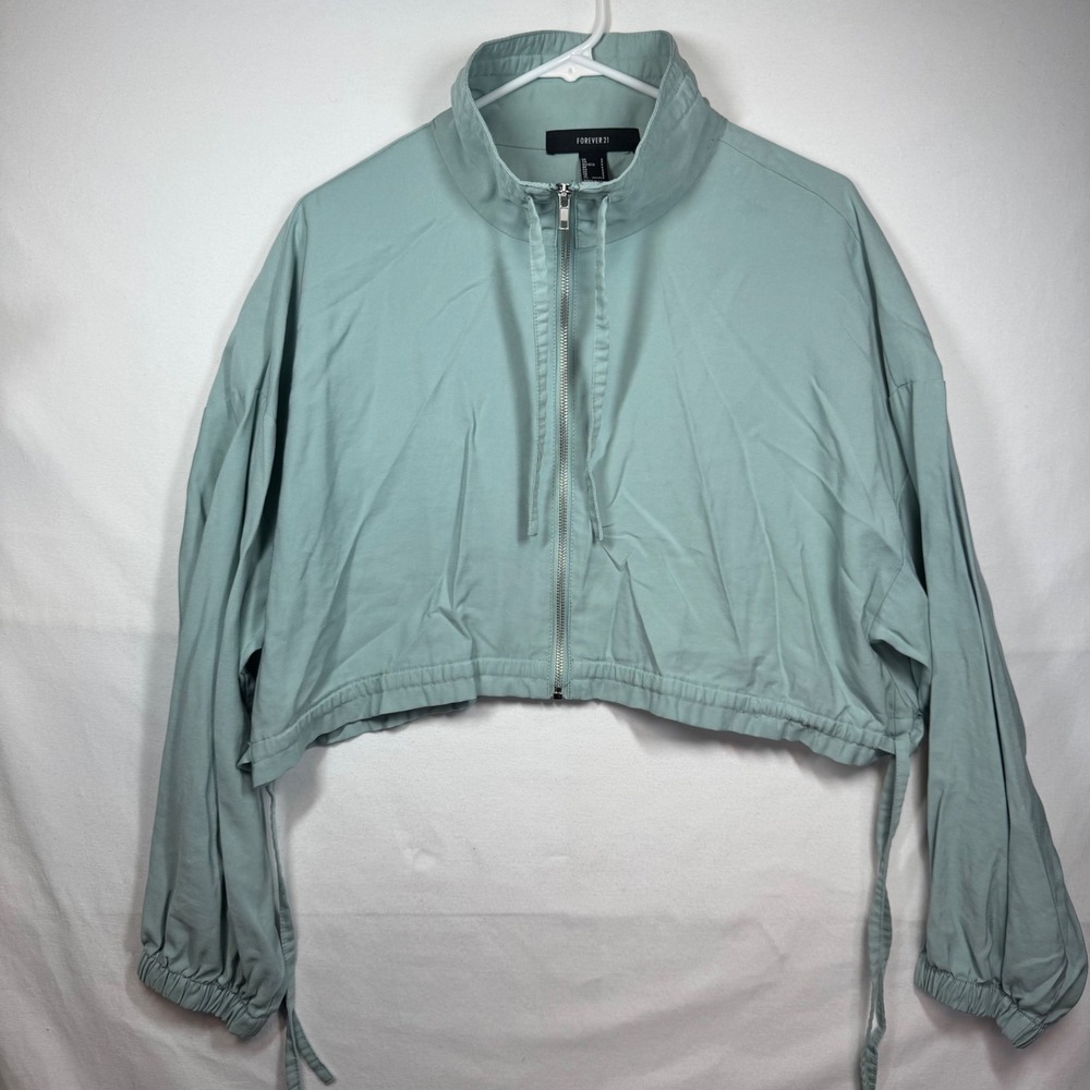 Forever‎ 21 Cropped Jacket Full Zip Drawstring Waist Light Blue Women's Sz Small